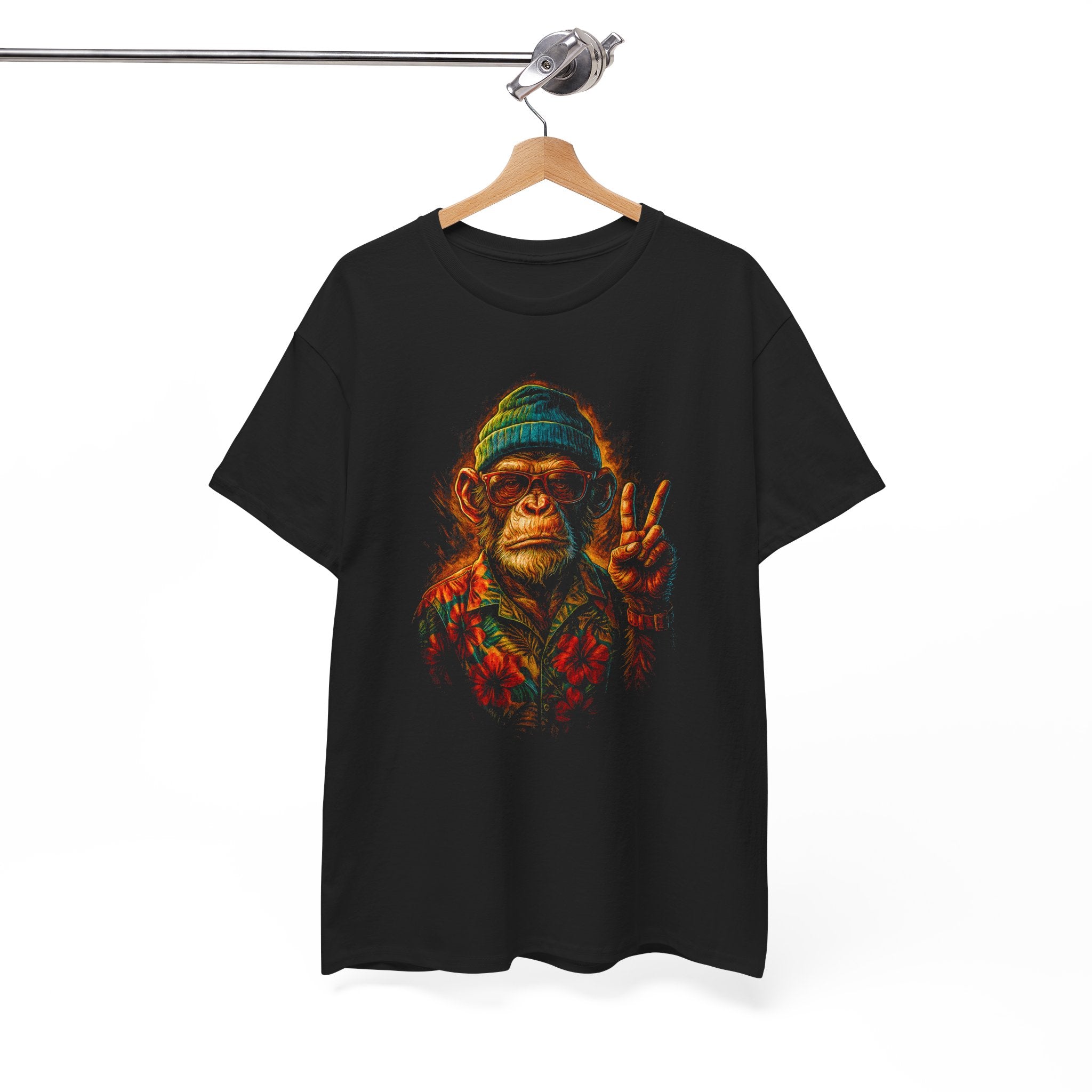 Black t-shirt with a colorful monkey graphic on a hanger against a white background