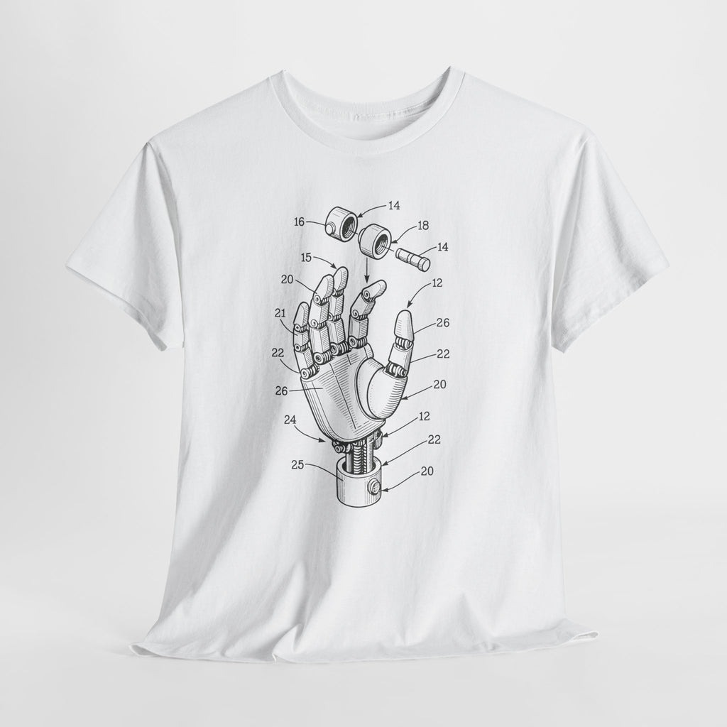 White t-shirt with a black and white graphic of a robotic hand on a white background