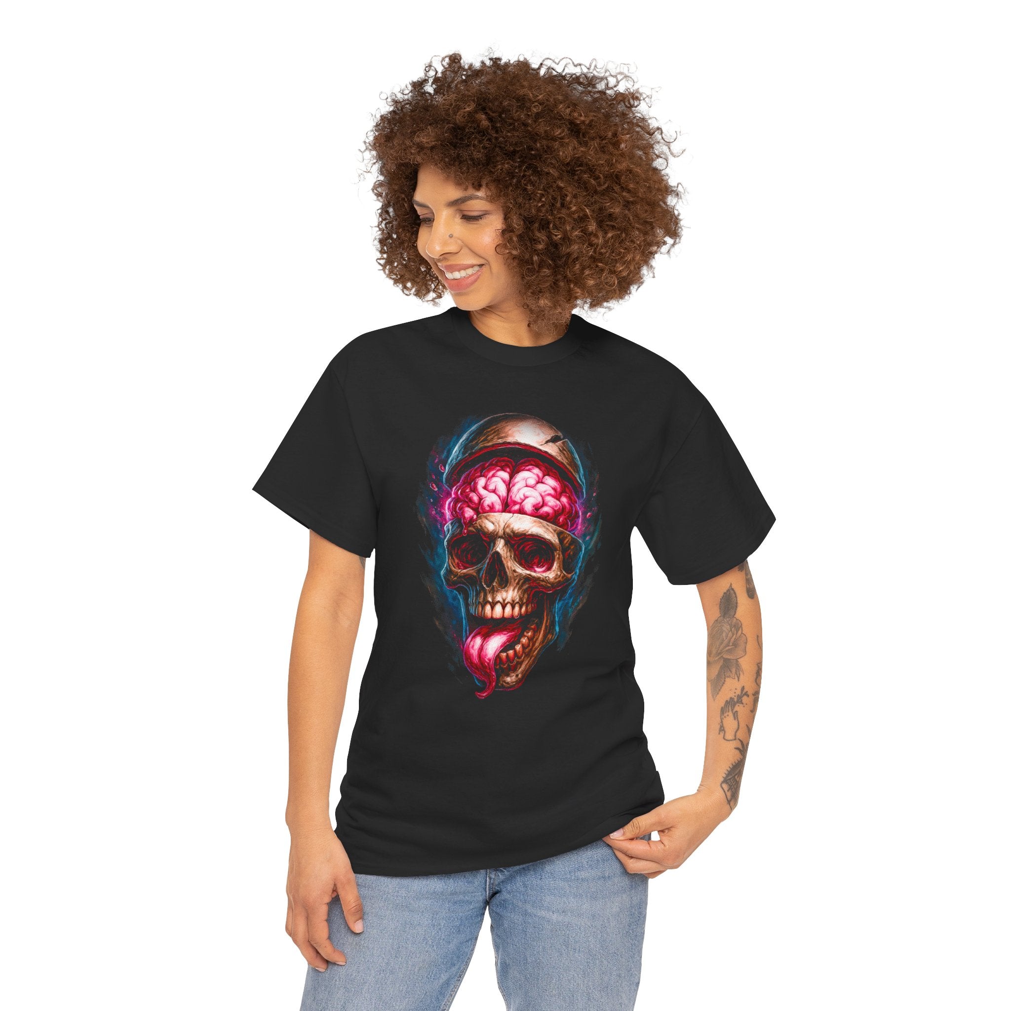 Person wearing a black t-shirt with a colorful skull design on a white background