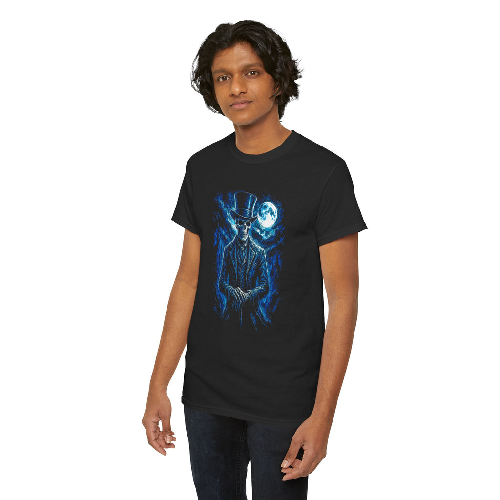 Person wearing a black t-shirt with a blue graphic design on a white background