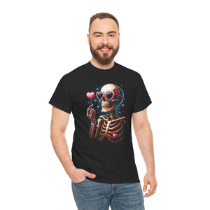 Man wearing a black t-shirt with a colorful skeleton design on a white background