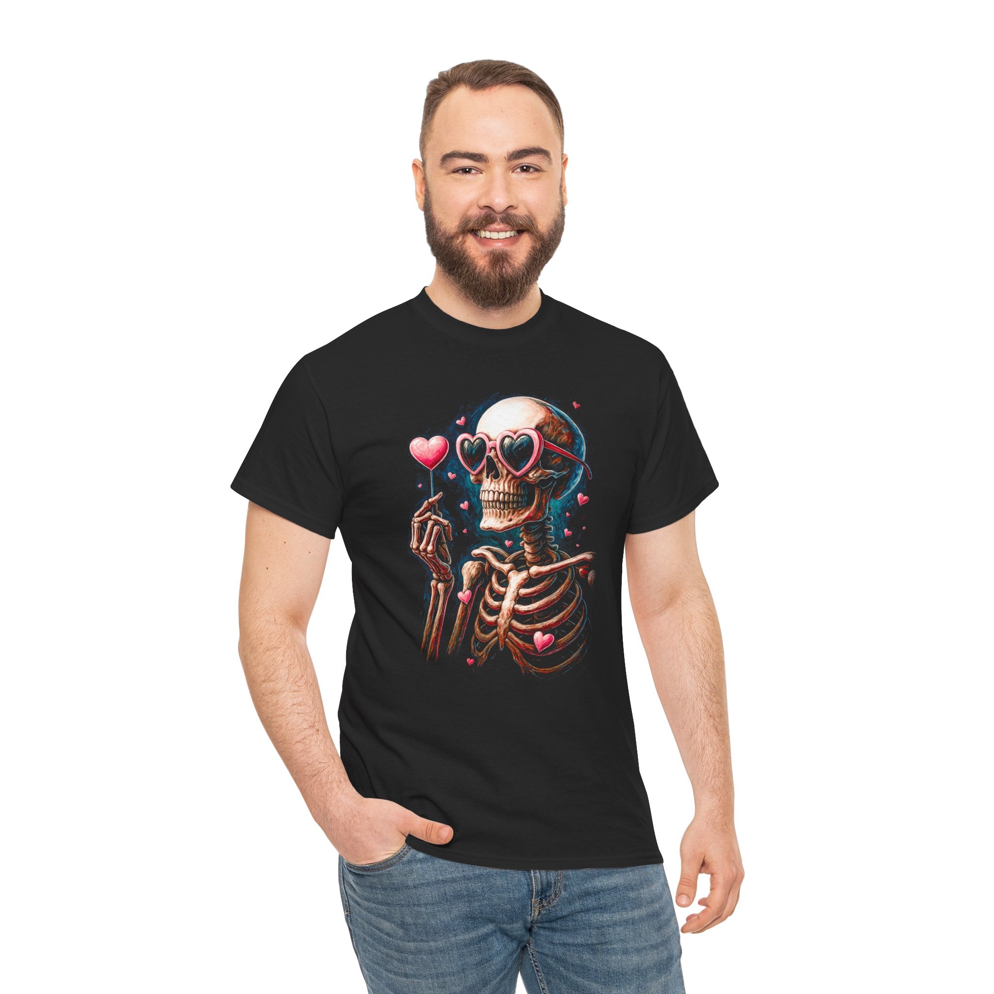 Man wearing a black t-shirt with a colorful skeleton design on a white background