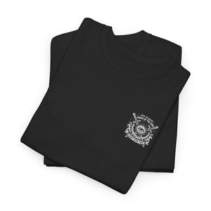 Folded black t-shirt with a white logo on a white background