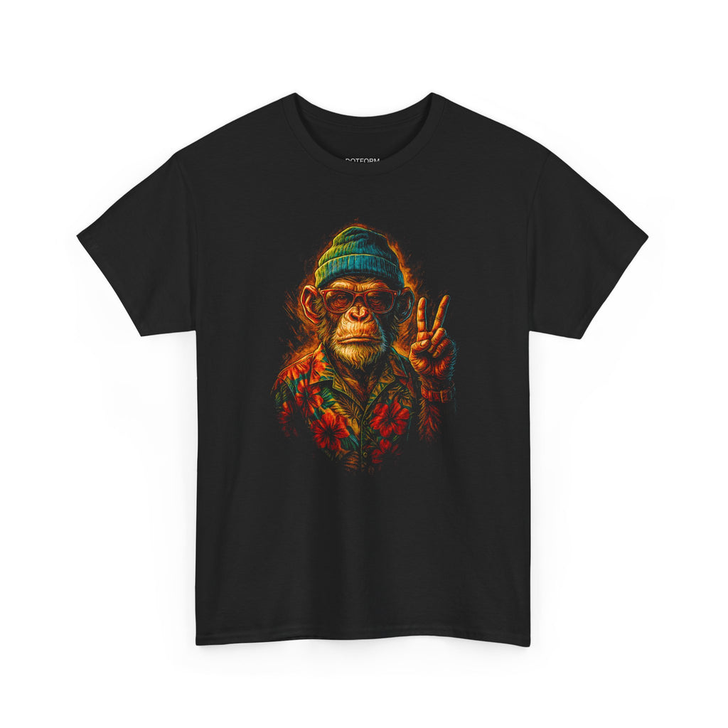 Black t-shirt with a colorful monkey graphic wearing a beanie and sunglasses on a white background