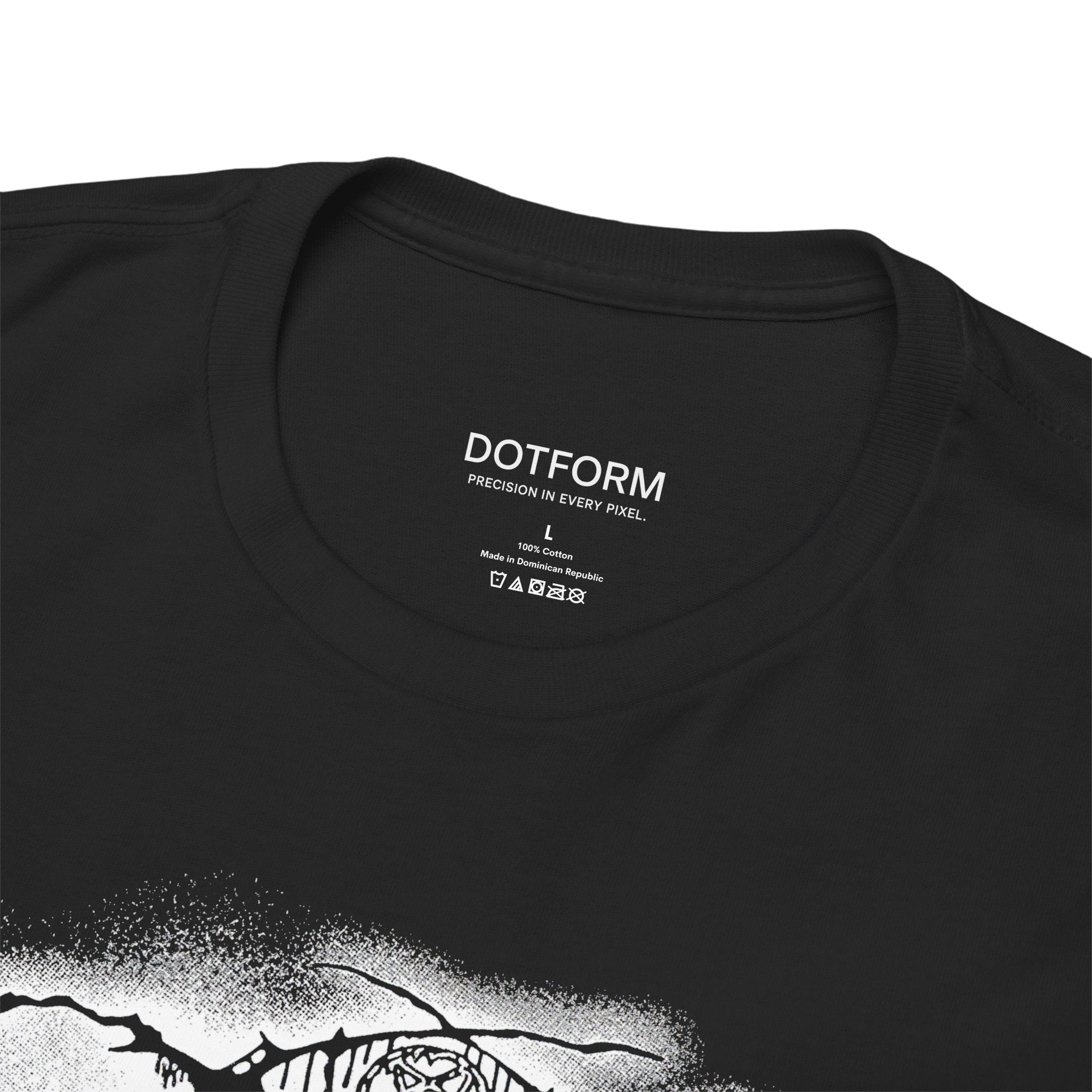 Black t-shirt with 'DOTFORM' branding and graphic design on a white background