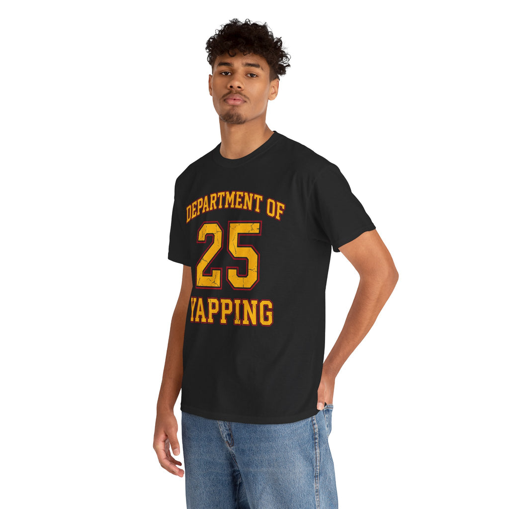 Person wearing a black t-shirt with 'Department of Tapping' text in yellow on a white background