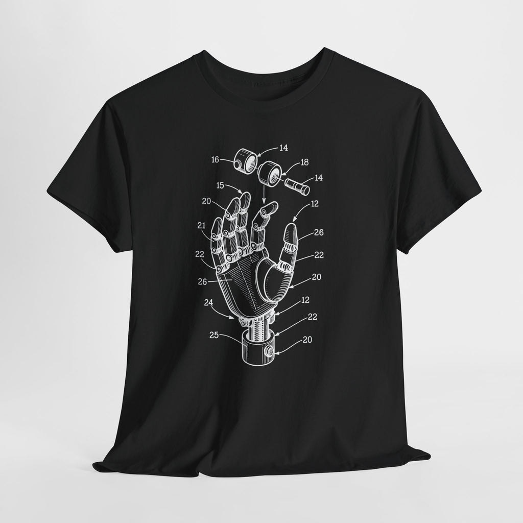 Black t-shirt with a white mechanical hand diagram on a light gray background