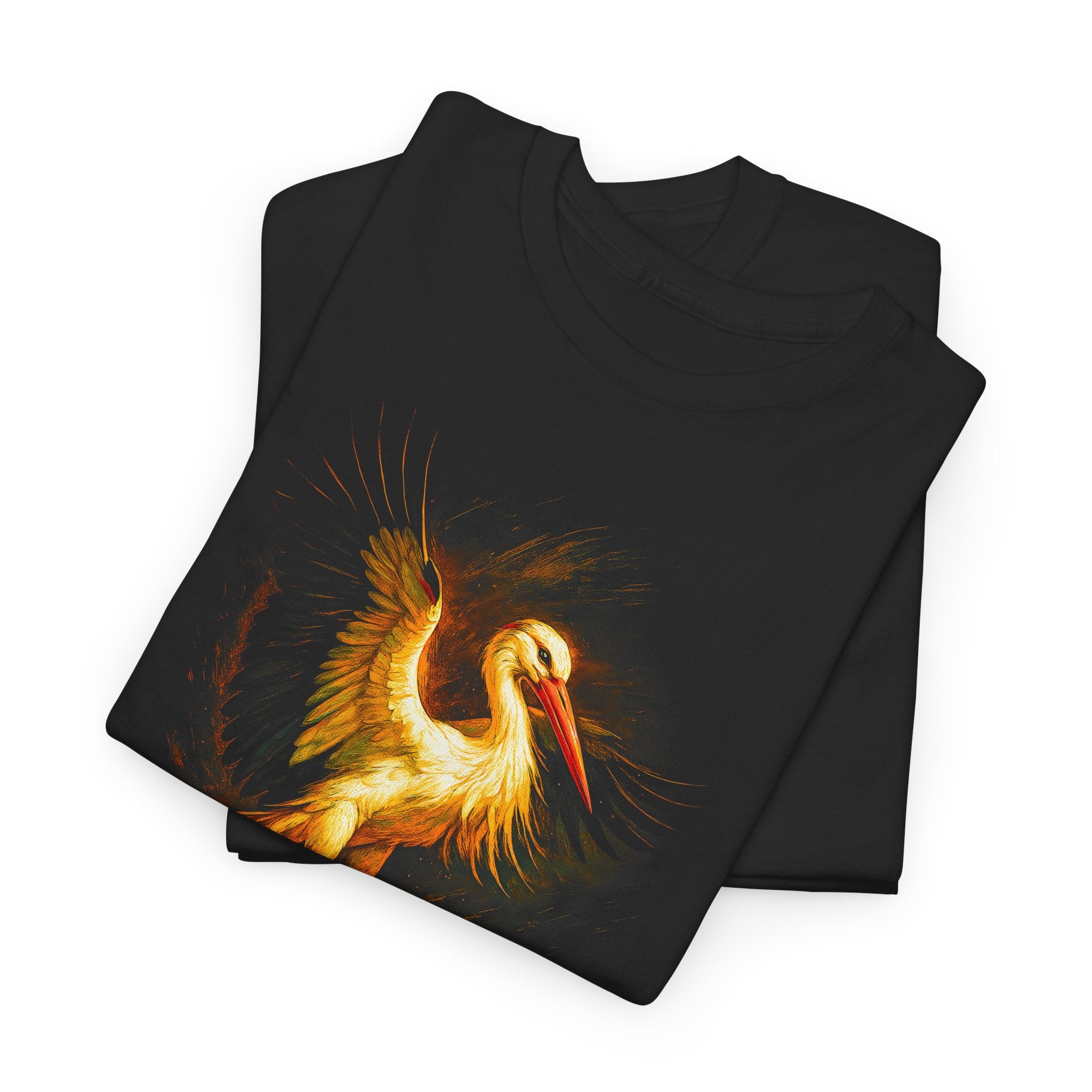 Black t-shirt with a colorful bird design on a white background