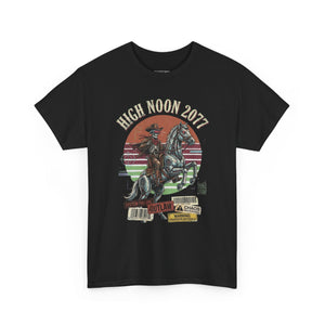 Black t-shirt with a graphic design of a cowboy on a horse and text 'High Noon 2077' on a white background.