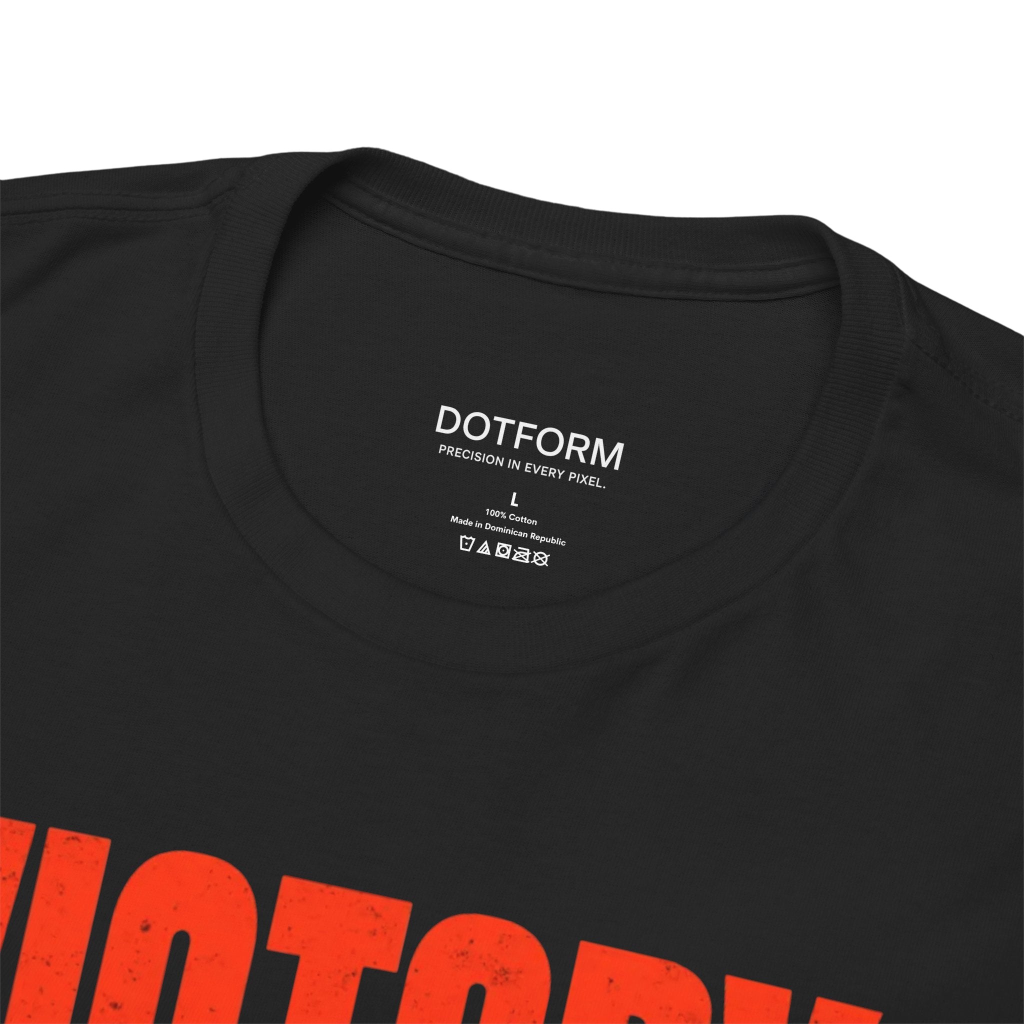 Black t-shirt with red text and 'DOTFORM' branding on a white background