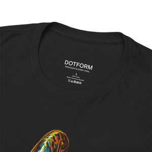 Black t-shirt with a colorful design on the chest and 'DOTFORM' branding on the label.