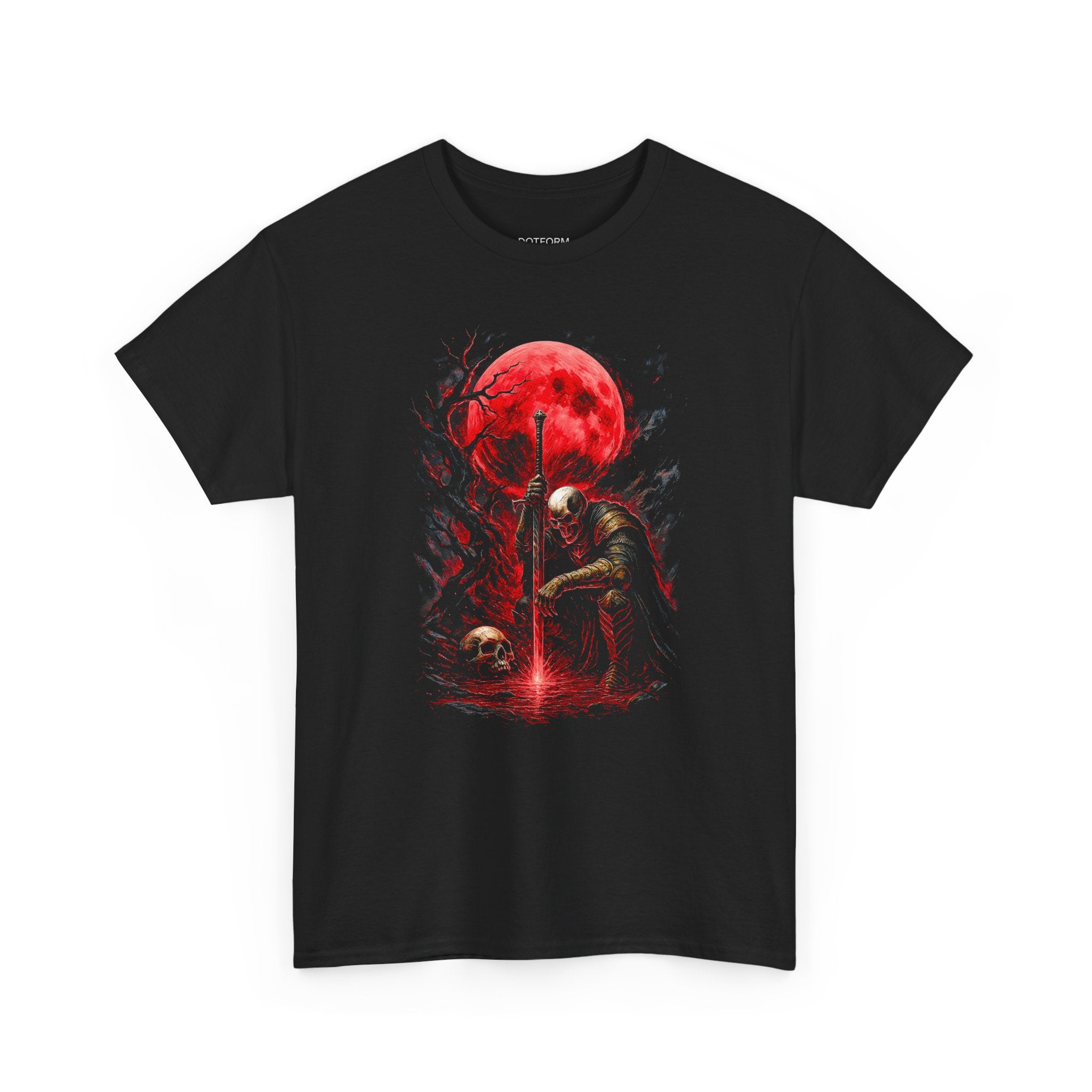 Black t-shirt with a graphic design of a skeleton and red moon on a white background