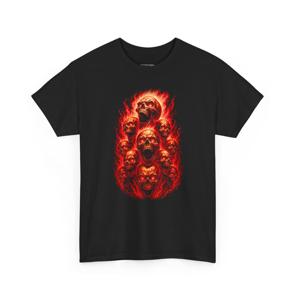 Black t-shirt with red and orange skull design on a white background