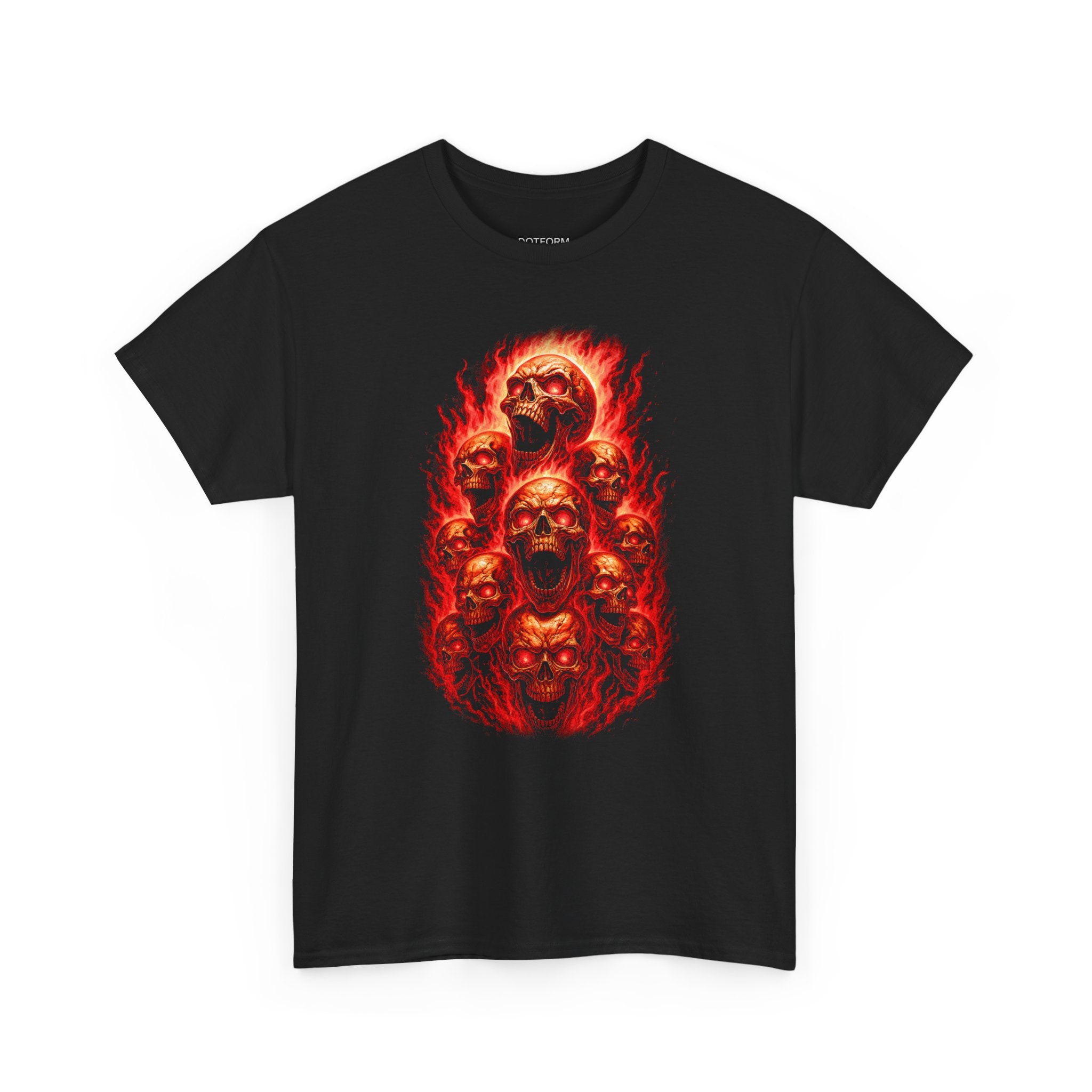 Black t-shirt with red and orange skull design on a white background