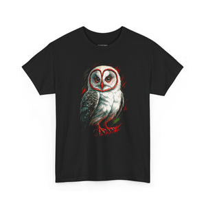 Black t-shirt with a colorful owl design on a white background