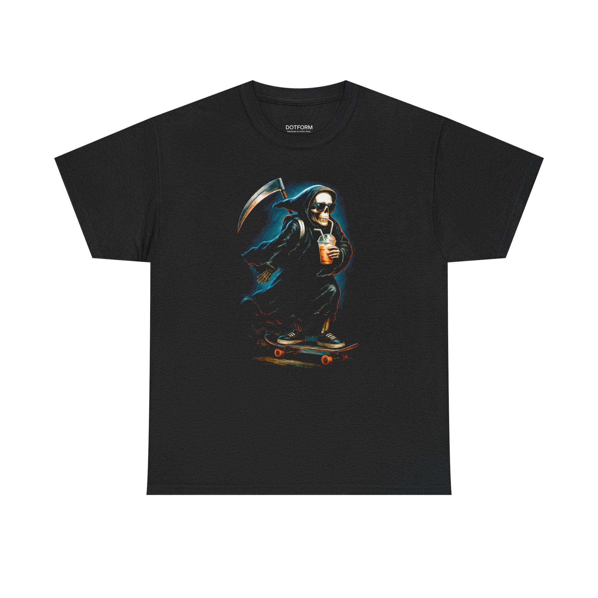 Black t-shirt with a graphic of a Grim Reaper skateboarding on a white background