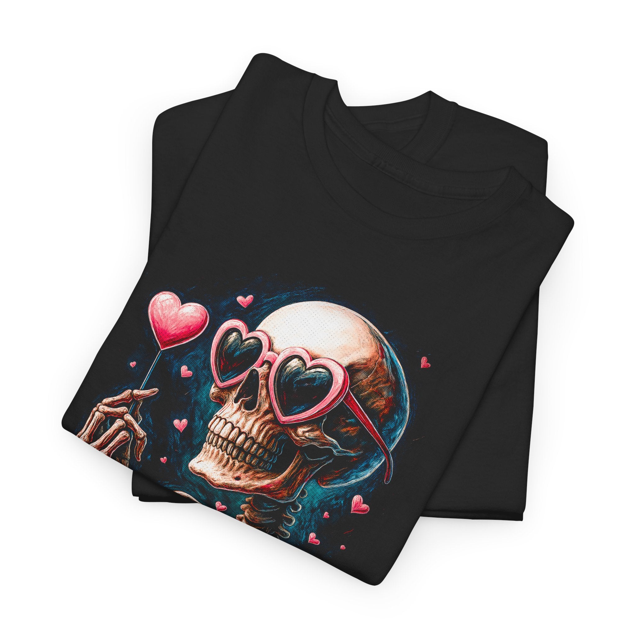 Black t-shirt with a skull design holding a heart-shaped balloon on a white background