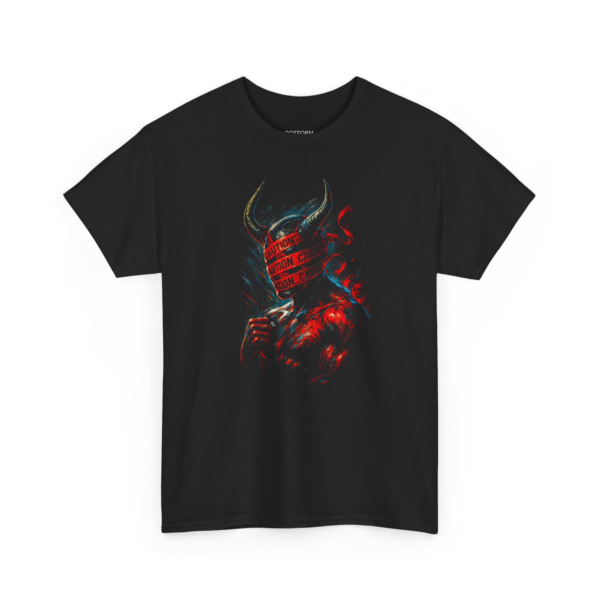 Black t-shirt with a graphic design of a helmet and flames on a white background