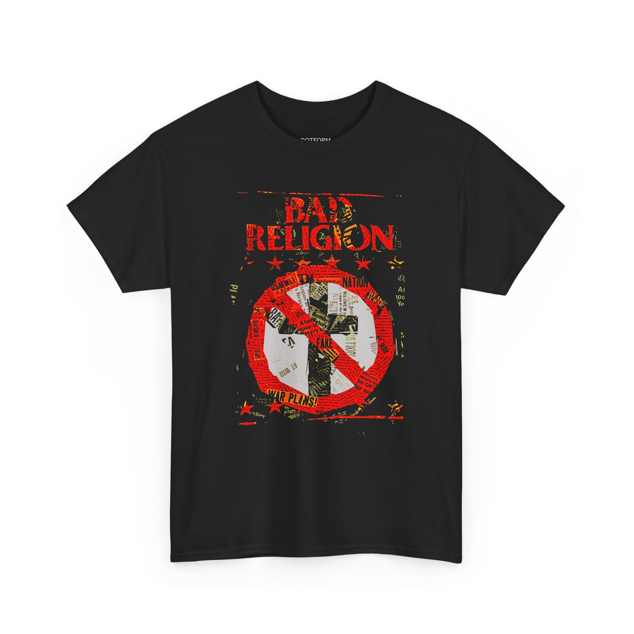 Black t-shirt with 'Bad Religion' graphic design on a white background