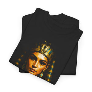 Black t-shirt with an Egyptian-themed design of a woman's face on a white background
