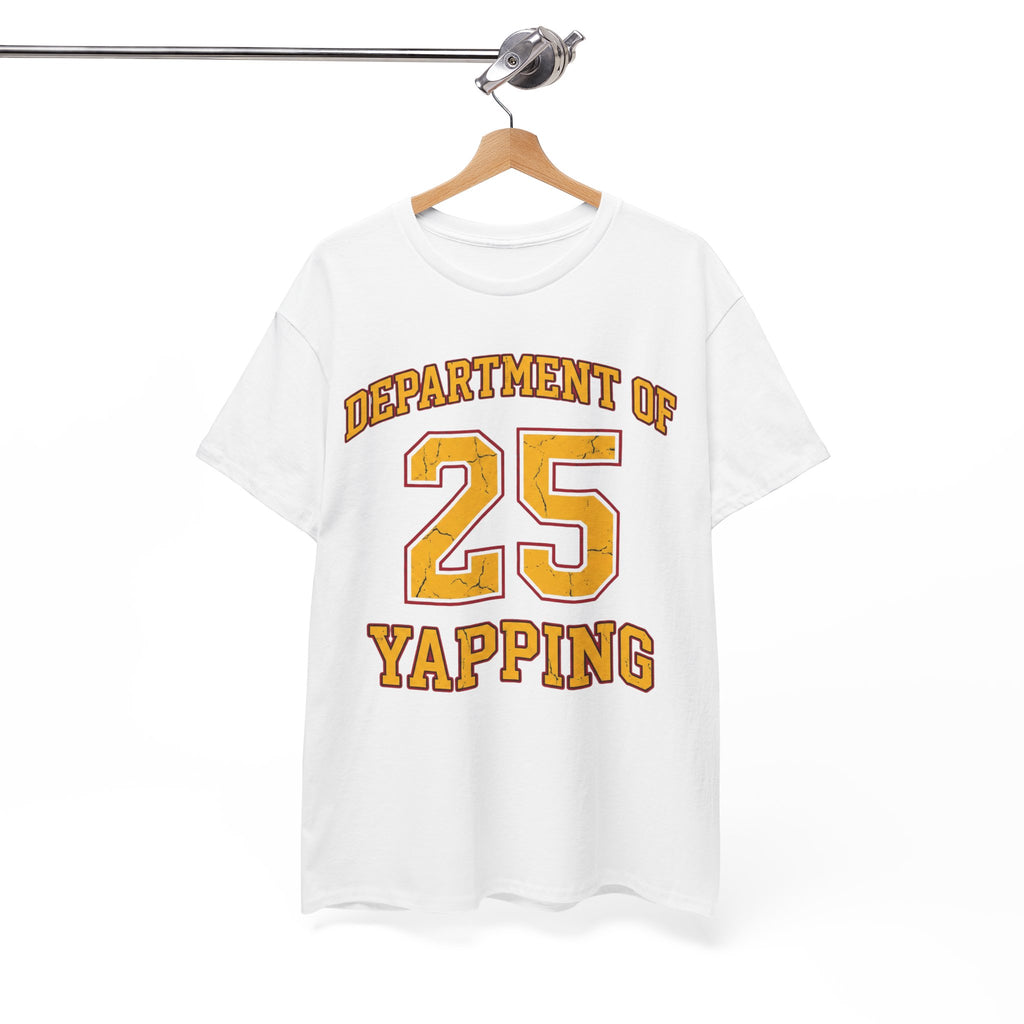 White t-shirt with yellow text 'DEPARTMENT OF YAPPING' on a hanger against a white background