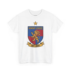 White t-shirt with a colorful crest design featuring a lion and text on a white background