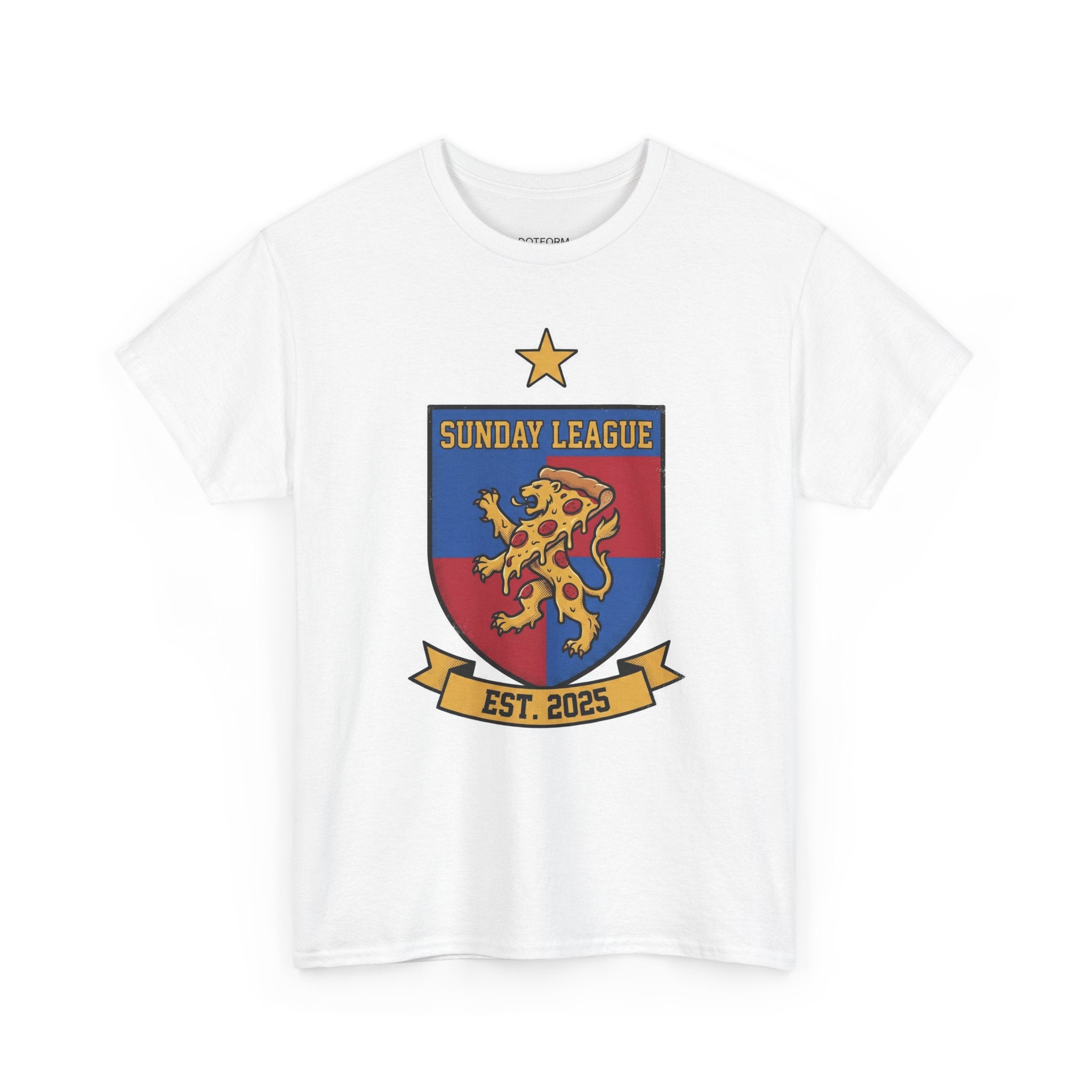 White t-shirt with a colorful crest design featuring a lion and text on a white background