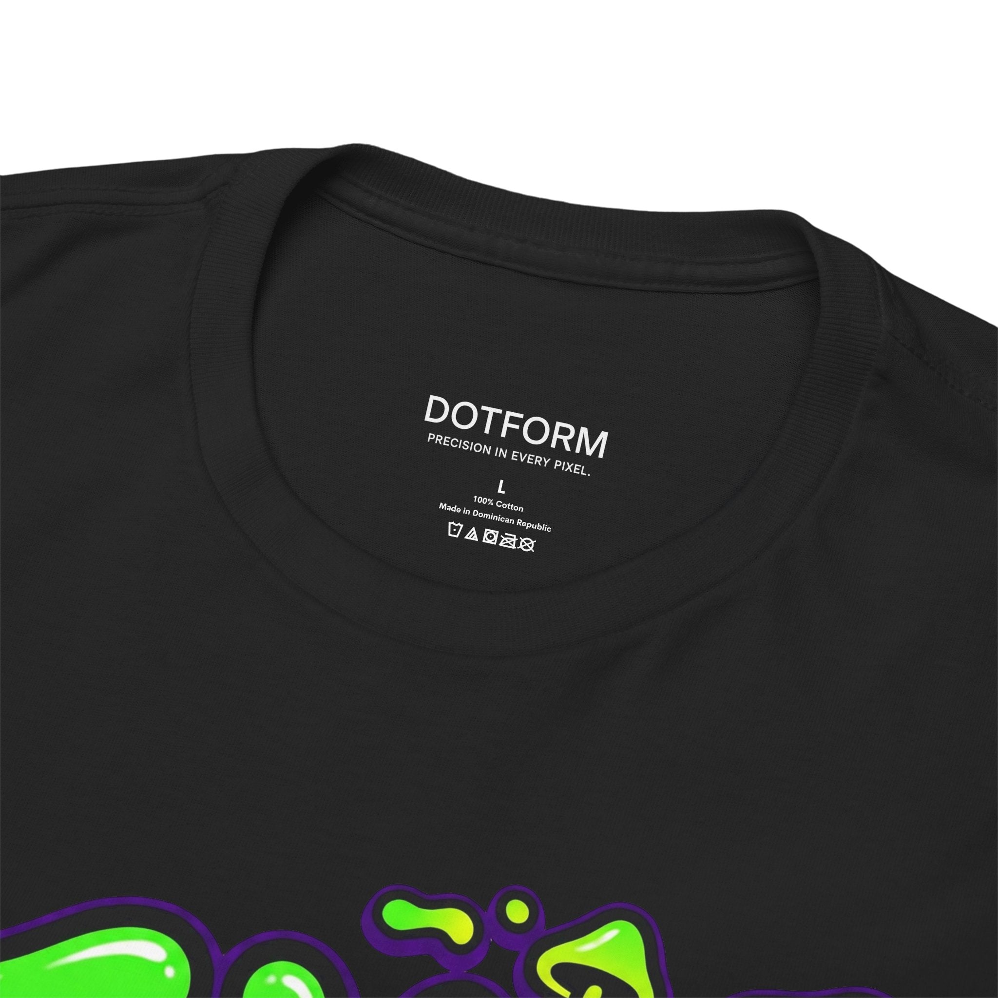 Black t-shirt with green and purple graphic design on a white background