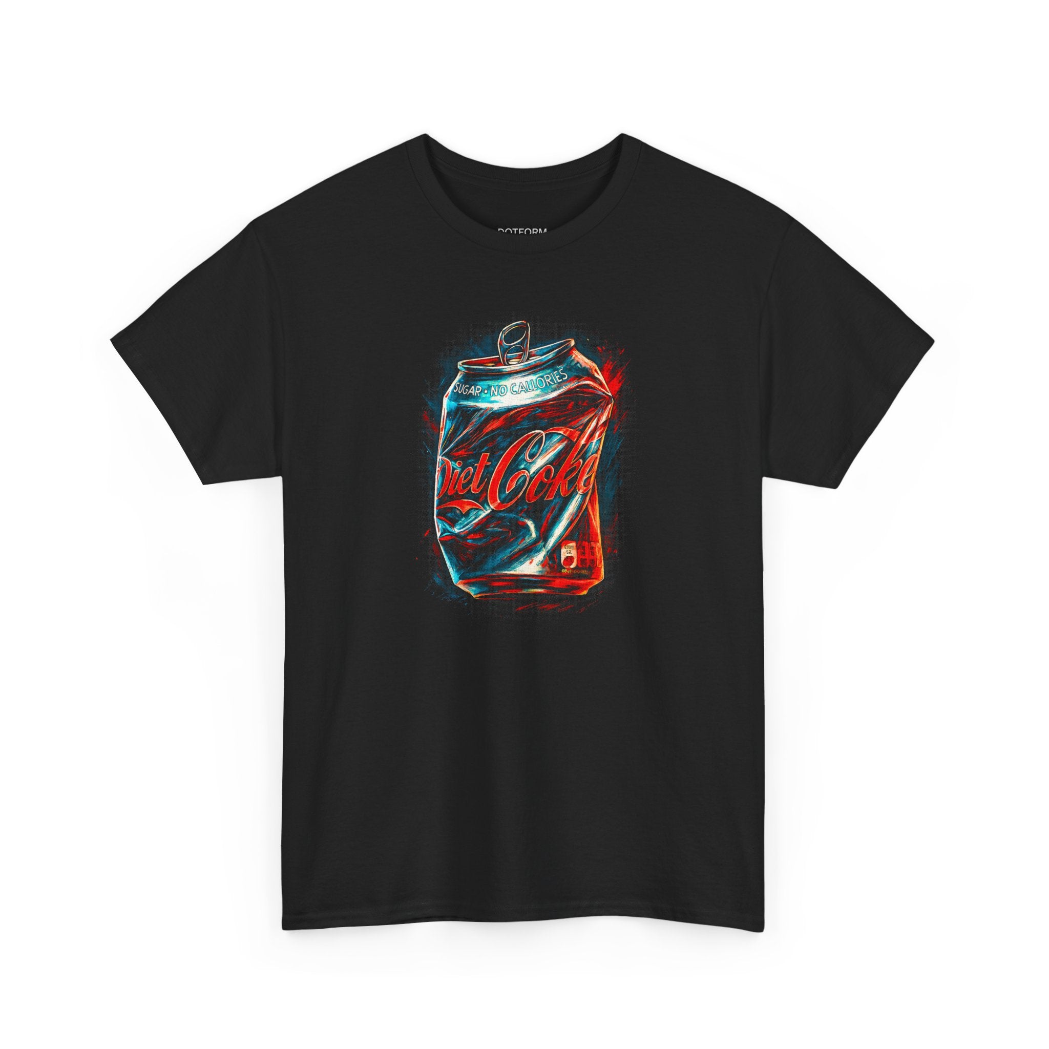 Black t-shirt with a colorful Coca-Cola can graphic on a white background