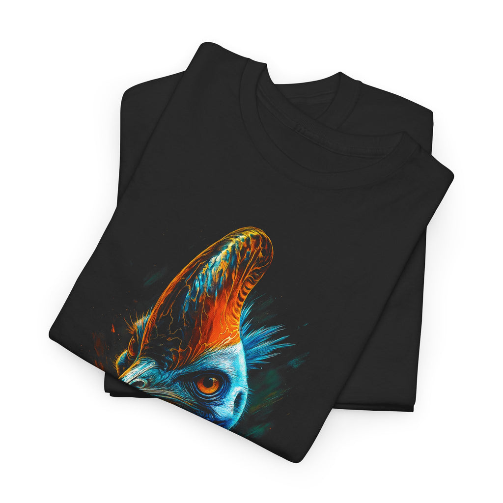 Black t-shirt with a colorful fish design on a white background