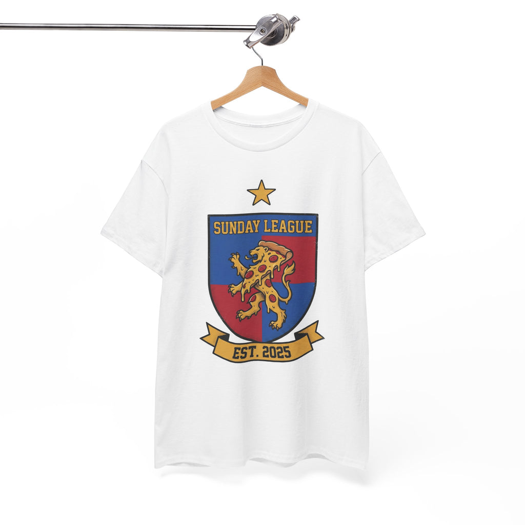 White t-shirt with a colorful logo on a hanger against a white background