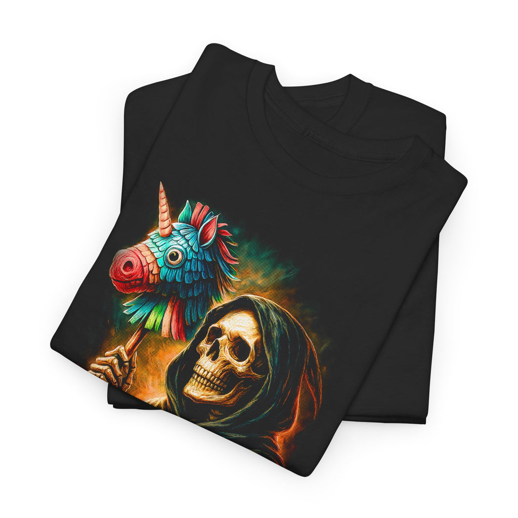 Black t-shirt with a colorful design of a skull holding a unicorn piñata on a white background