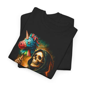 Black t-shirt with a colorful design of a skull holding a unicorn piñata on a white background