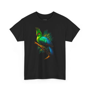 Black t-shirt with a colorful bird design on a white background