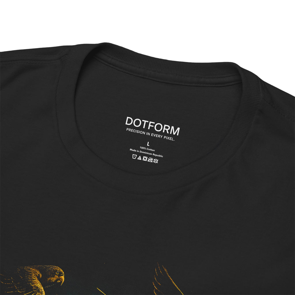 Black t-shirt with a bird design and 'DOTFORM' branding on the label.
