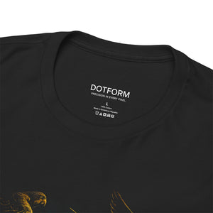 Black t-shirt with a bird design and 'DOTFORM' branding on the label.