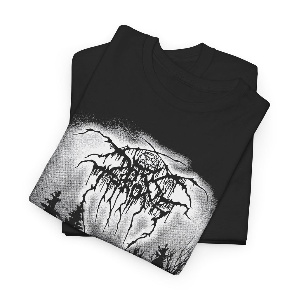 Black t-shirt with a graphic design of a mountain and tree on a white background