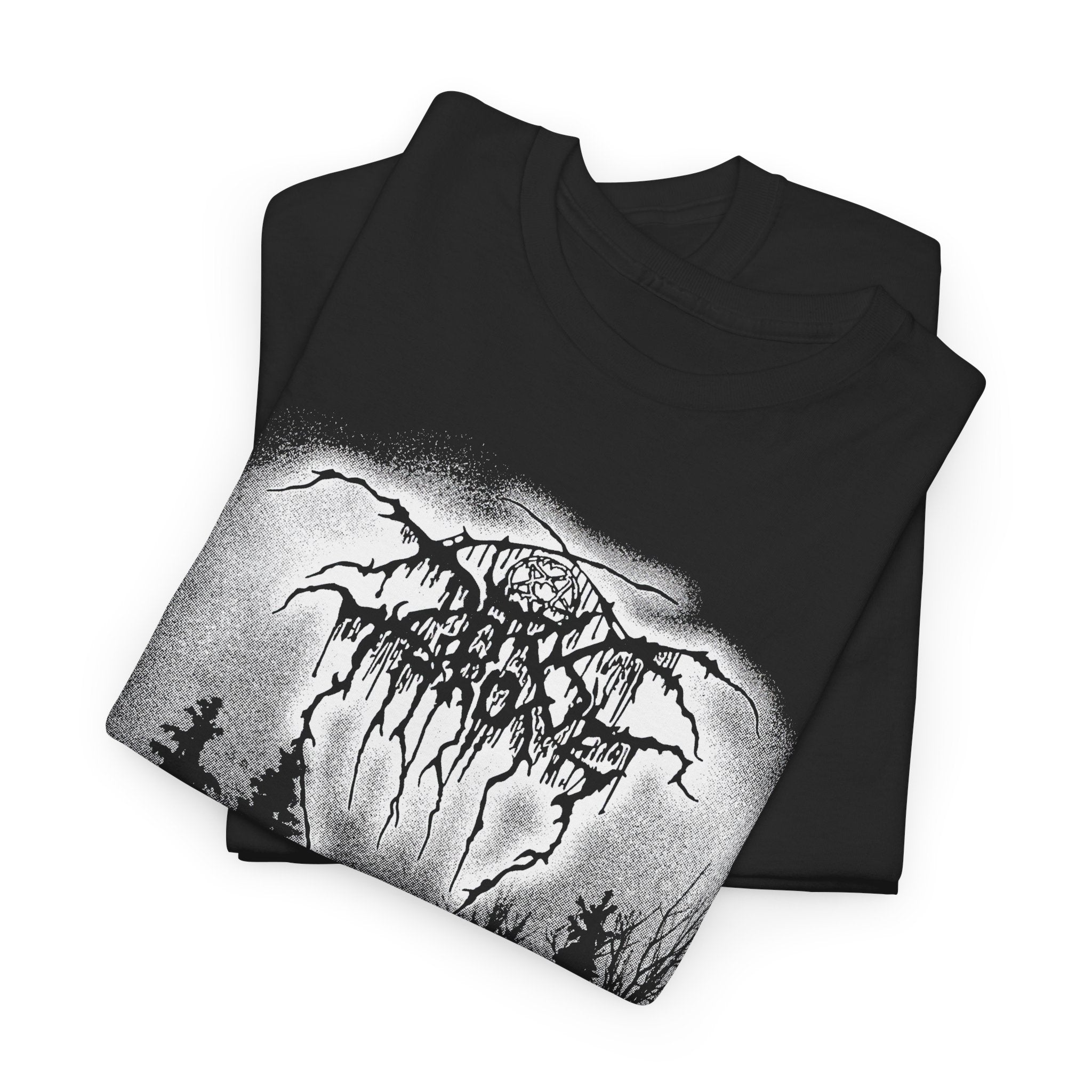 Black t-shirt with a graphic design of a mountain and tree on a white background