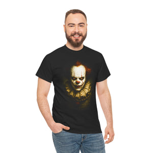 Man wearing a black t-shirt with a clown graphic on a white background