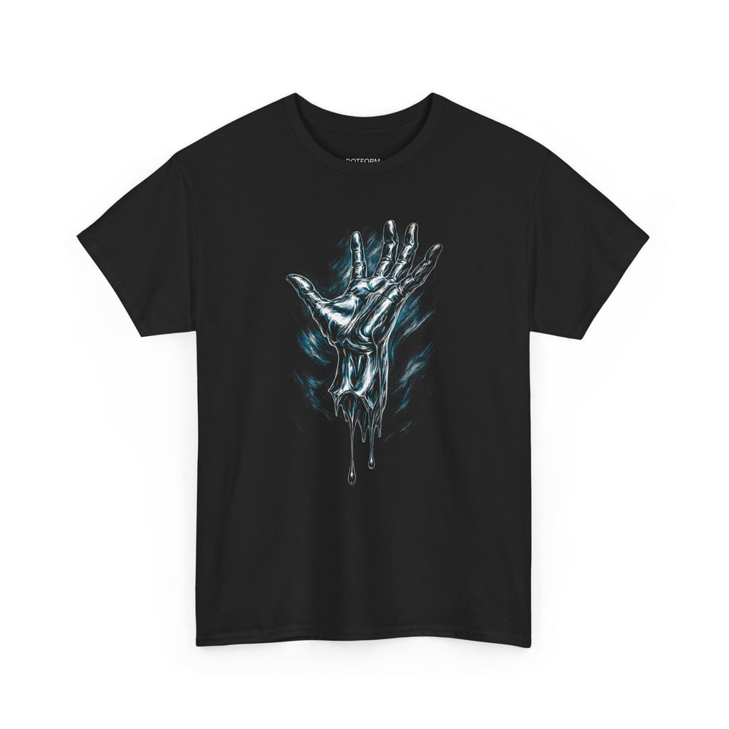 Black t-shirt with a graphic of a hand and blue liquid on a white background
