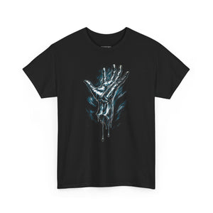 Black t-shirt with a graphic of a hand and blue liquid on a white background