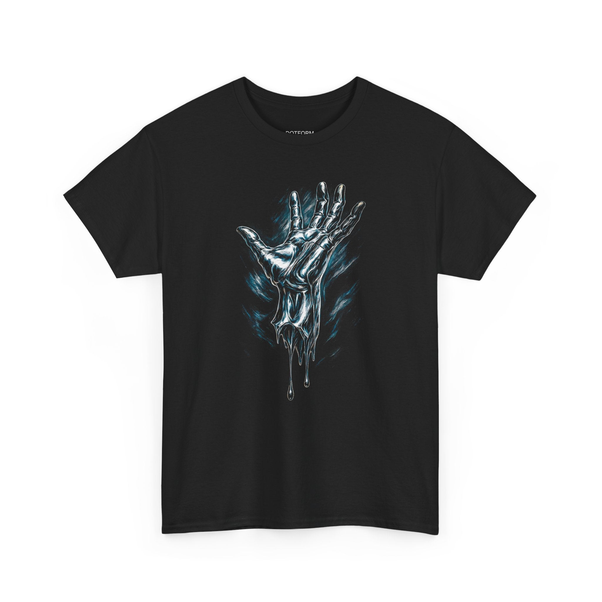 Black t-shirt with a graphic of a hand and blue liquid on a white background