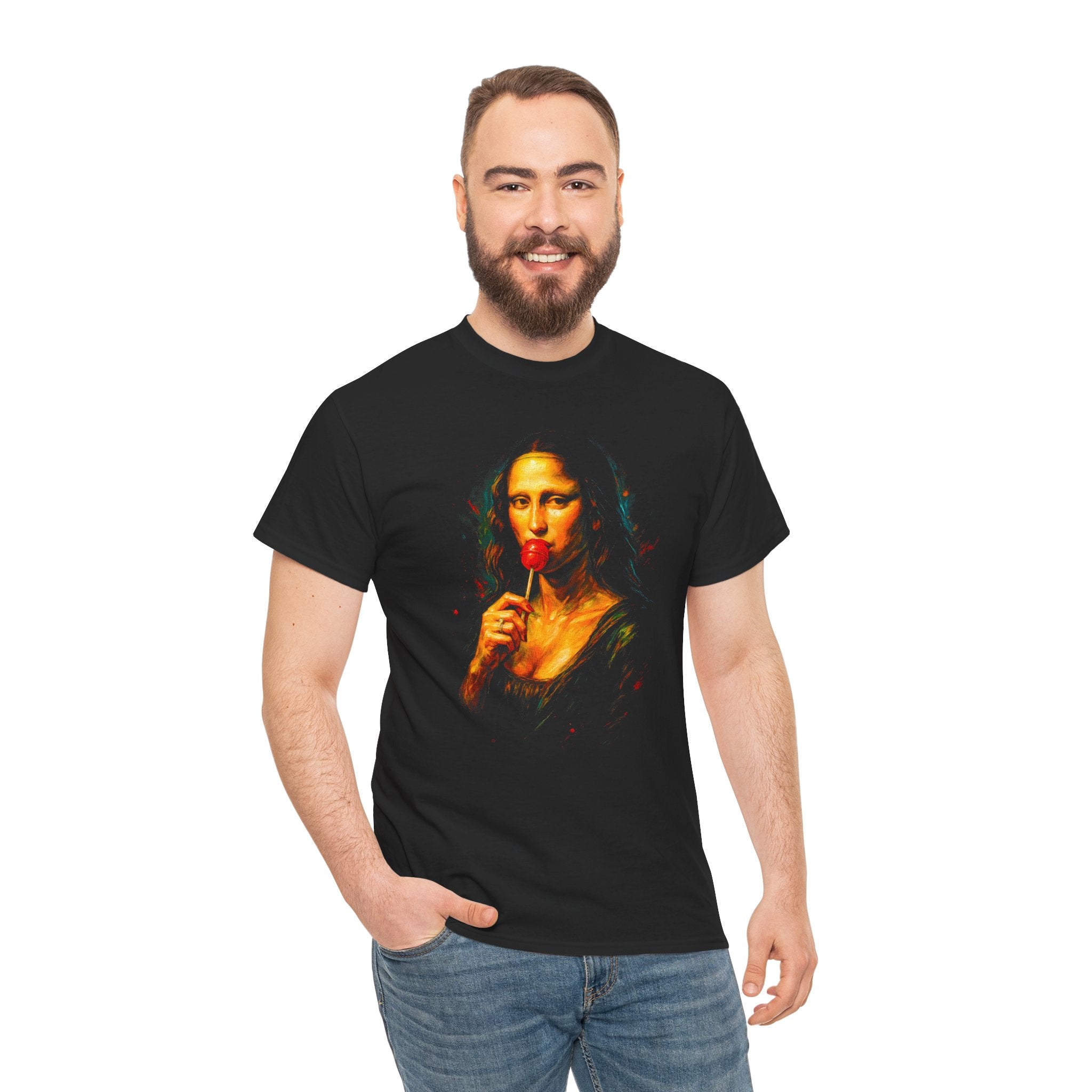 Man wearing a black t-shirt with a Mona Lisa graphic holding a lollipop on a white background