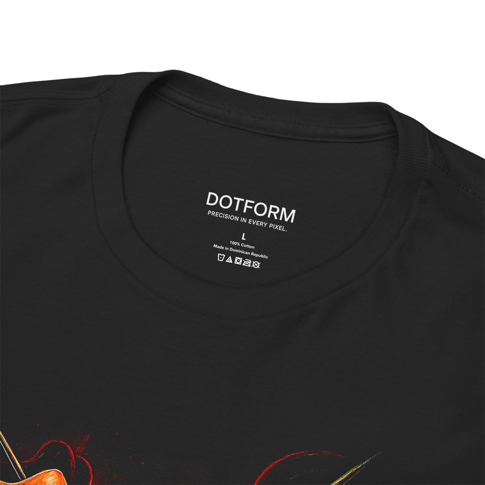 Black t-shirt with 'DOTFORM' branding on the collar area