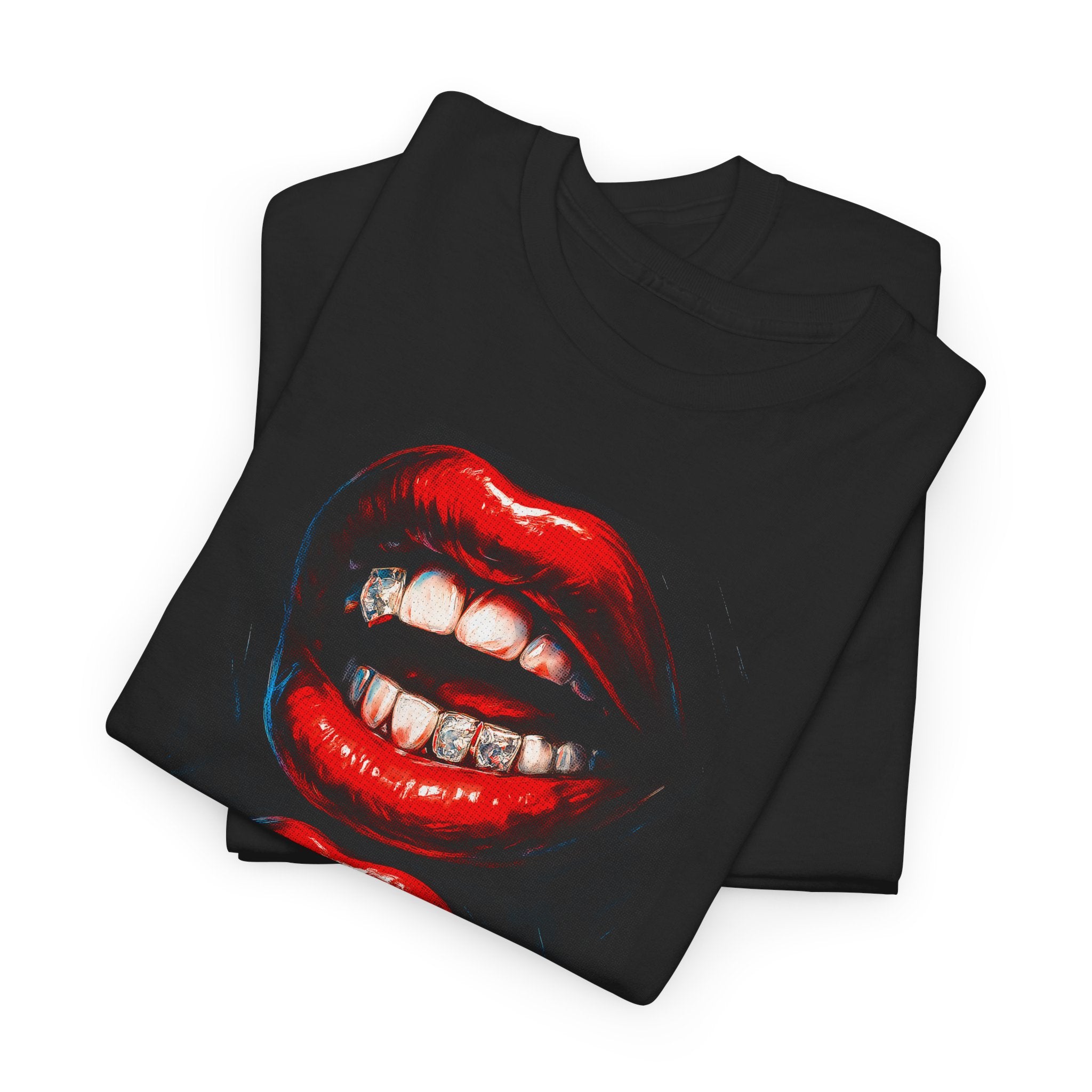 Black t-shirt with red lips and teeth graphic design on a white background