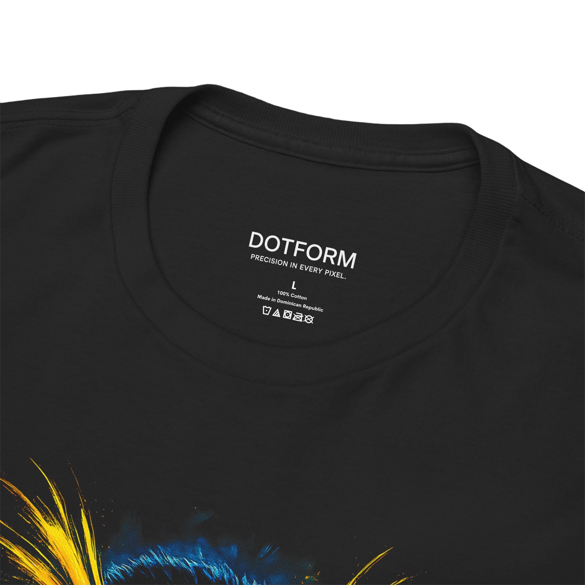 Black t-shirt with 'DOTFORM' branding on the collar area