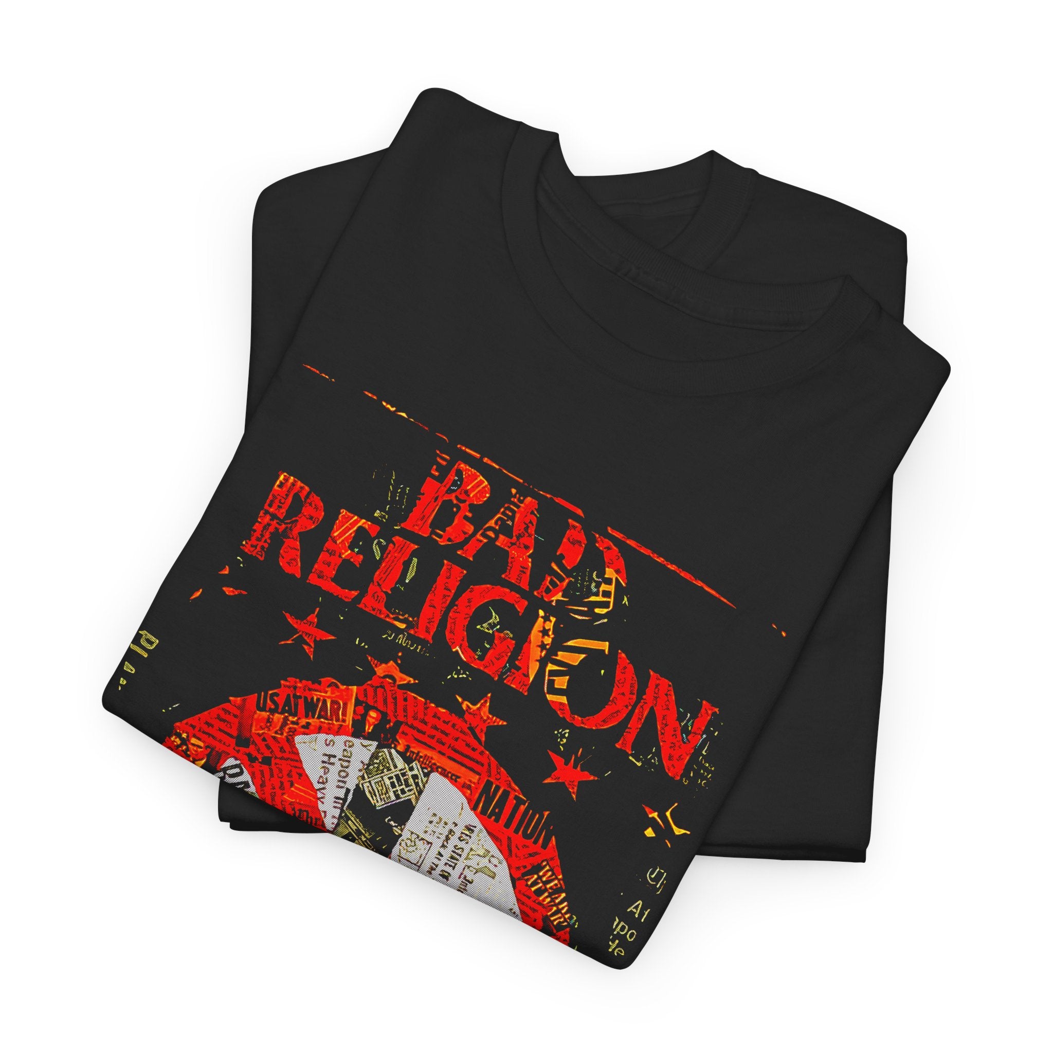 Folded black t-shirt with 'Bad Religion' graphic design on a white background