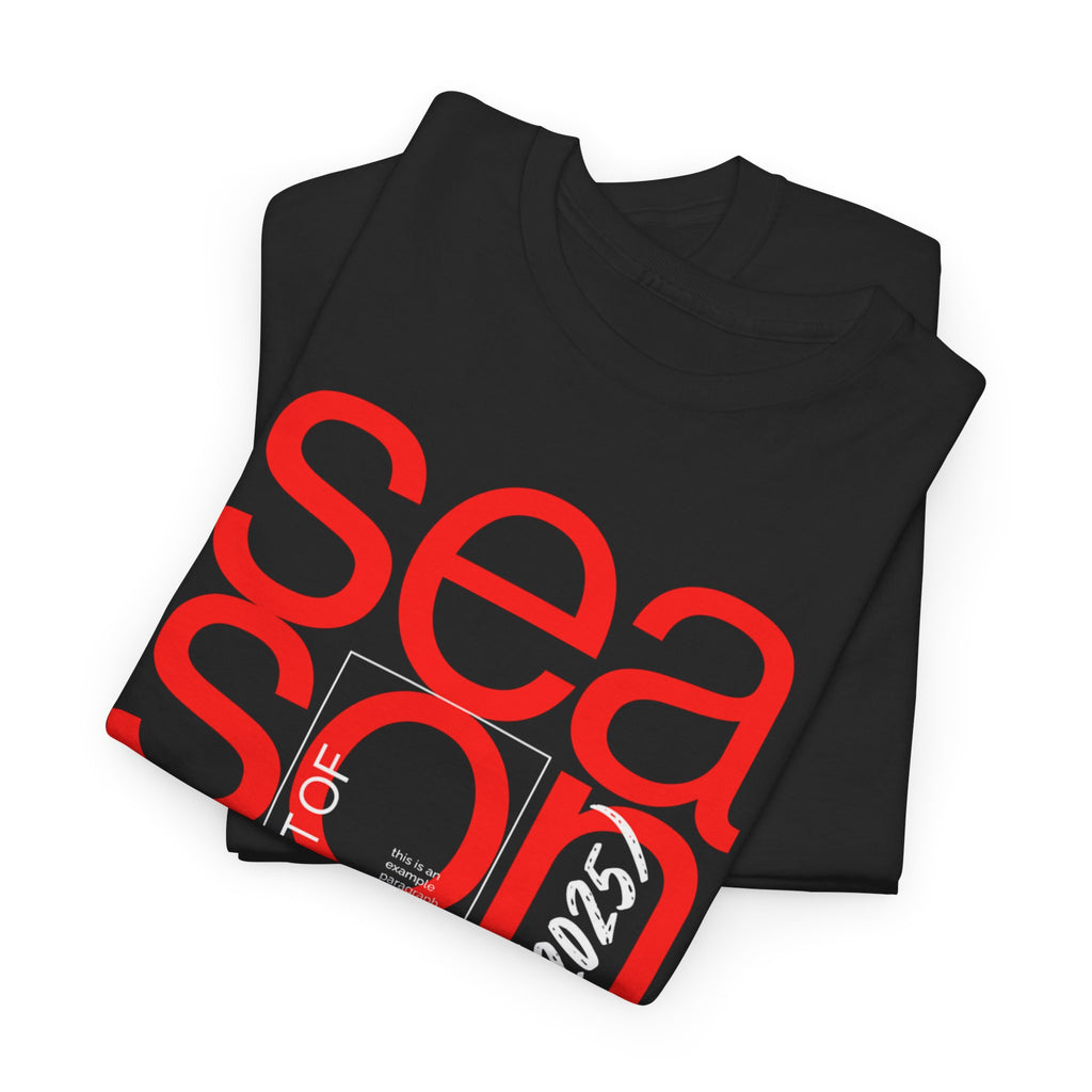 Black t-shirt with red text 'sea son' on a white background