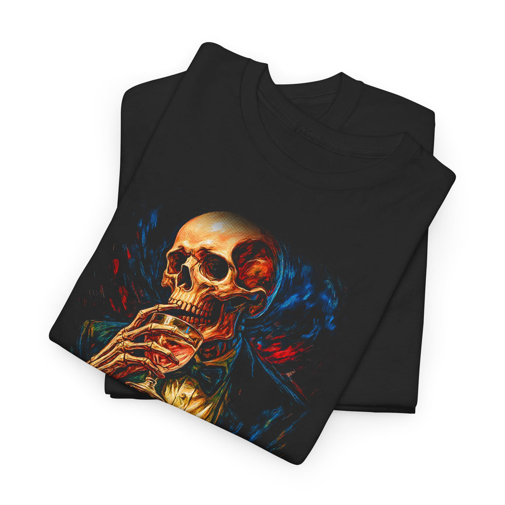 Black t-shirt with a colorful skull design on a white background