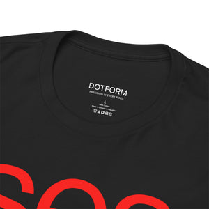 Black t-shirt with red text and 'DOTFORM' branding on a white background